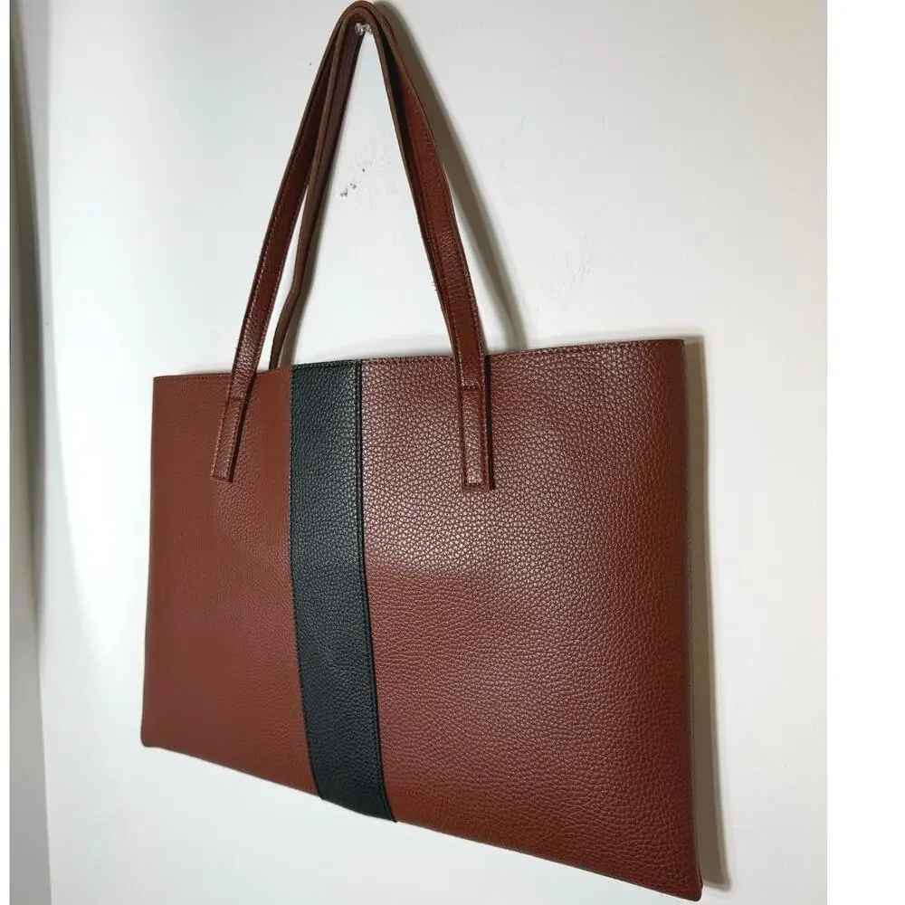 NWOT Vince Camuto 17x12 Brown Black Stripe Vegan Leather Luck Tote Laptop Bag